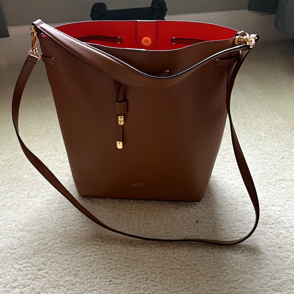 Lauren Ralph Lauren Chestnut Brown Leather Bucket Shoulder Bag with Red Interior